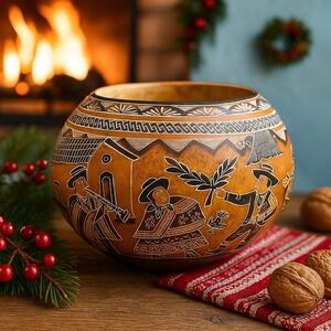 Hand‎ Carved Peruvian Gourd Bowl Musical Scene Rustic Decor Unique Art Gift